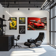Ferrari FXX-K Evo Exhibition showcased on wall art in a modern office setup with sleek furniture and stylish ambient lighting.