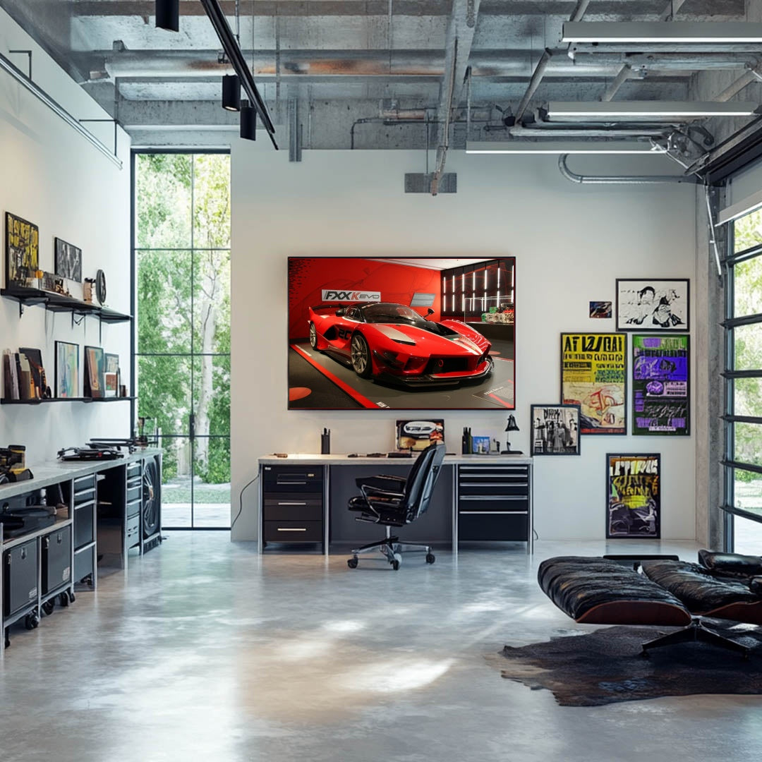 Ferrari FXX-K Evo Exhibition displayed as car wall art in a modern office setting with stylish furniture.