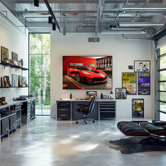 Ferrari FXX-K Evo Exhibition displayed as car wall art in a modern office setting with stylish furniture.