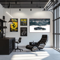 Ferrari 458 Italia Amidst the Alps artwork in a modern office space with a sleek black chair.