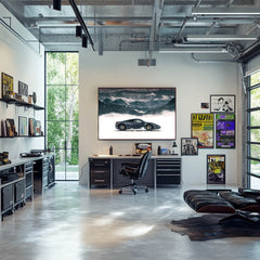 Ferrari 458 Italia Amidst the Alps car wall art displayed in a modern office with large windows.
