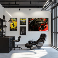 Ferrari Cockpit in Red and Black showcased in a modern office with car wall art and stylish furniture.