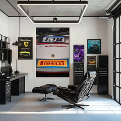 Close-up of Ferrari 108 Iron Dames car wall art showcasing hood and sponsor decals in a stylish workspace.