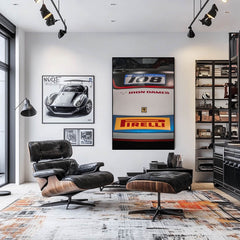 Close-up of Ferrari 108 Iron Dames car wall art showcasing sponsor decals in a stylish interior.