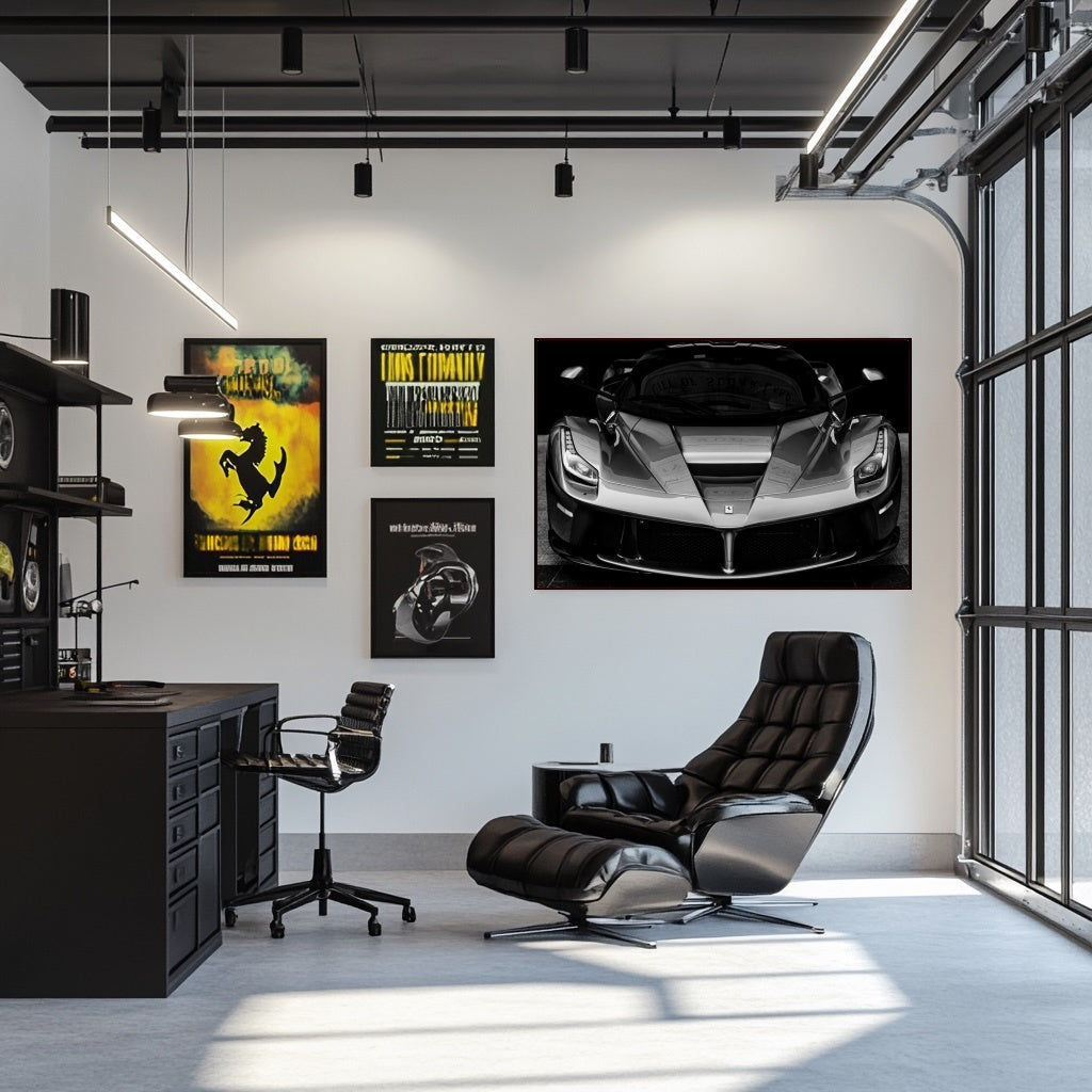 LaFerrari in Monochrome displayed on a wall in a modern office with sleek furniture and stylish decor.