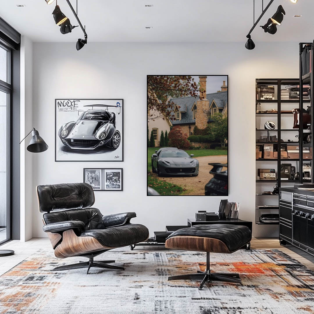 Ferrari 812 Superfast at the Estate, showcased in a modern art-filled living room with sleek furniture and light colors.