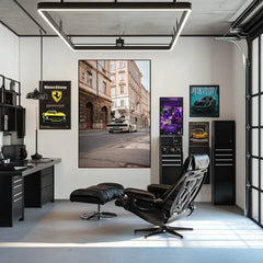 Ferrari Testarossa on Quiet Streets wall art displayed in a stylish modern office with sleek furniture.