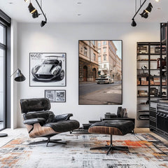 Ferrari Testarossa on Quiet Streets wall art displayed in a stylish modern living room with vintage decor.