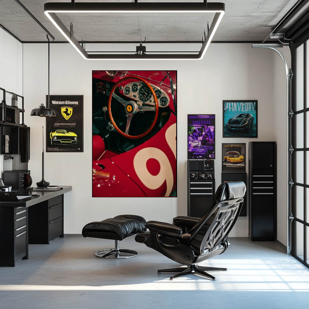 Classic Ferrari Racing Dash displayed in stylish office, featuring polished wood steering wheel and vintage gauges.