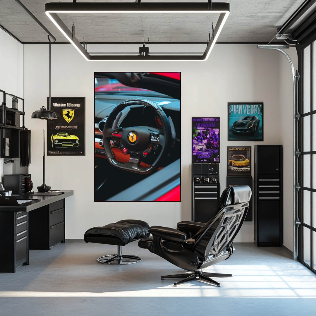 Ferrari Steering Wheel displayed in a stylish home office, enhancing the room with car wall art featuring luxury and performance.