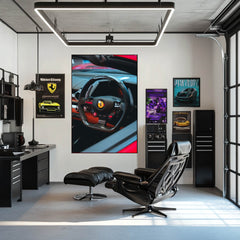 Ferrari Steering Wheel displayed in a stylish home office, enhancing the room with car wall art featuring luxury and performance.