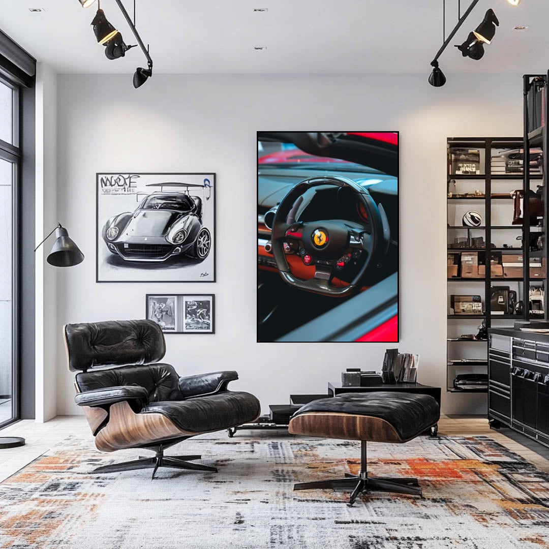 Ferrari Steering Wheel close-up showcased as car wall art in a stylish modern living room.