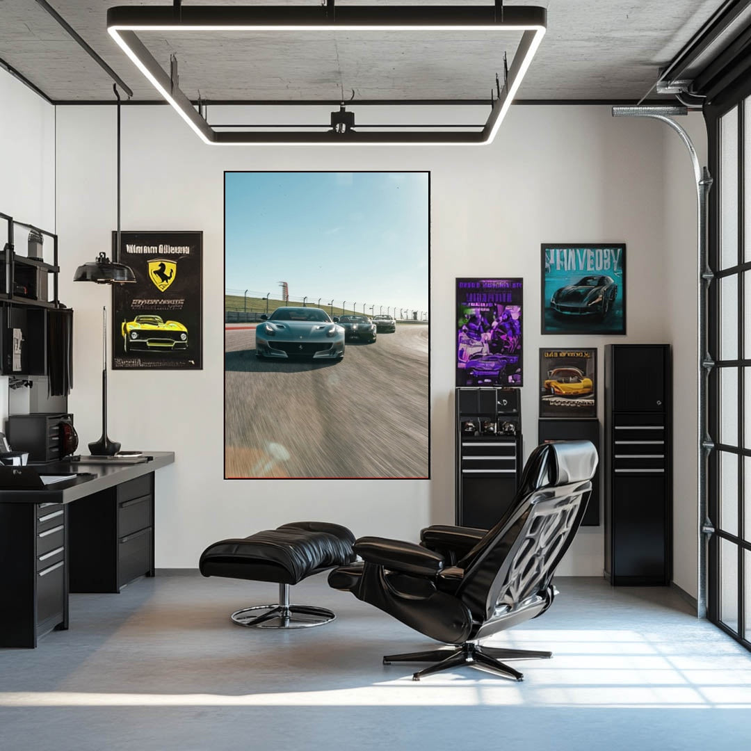 Ferrari Supercars in Action displayed in a modern office with car wall art featuring high-performance vehicles.