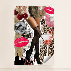 This artwork shows a collage of glam legs in fishnet stockings and high heels, cherries, kisses, disco ball, martini, and gold glitter, unframed.