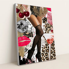This artwork shows a collage of glam legs in fishnet stockings and high heels, cherries, kisses, disco ball, martini, and gold glitter, in a silver frame.