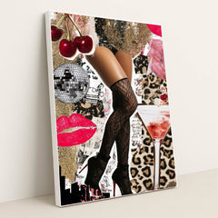 This artwork shows a collage of glam legs in fishnet stockings and high heels, cherries, kisses, disco ball, martini, and gold glitter, in a white frame.