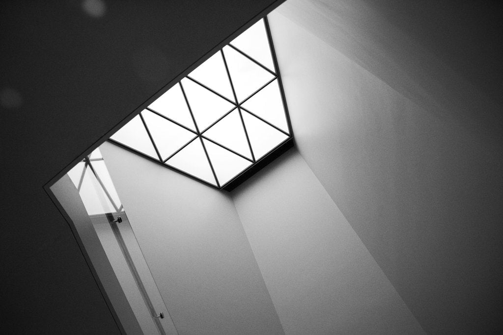 David Yu - A low-angle shot of a geometrically designed ceiling in black and white.