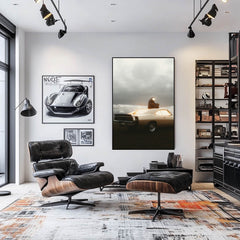 Golden Glow showcased in a modern room with car wall art and stylish furniture.
