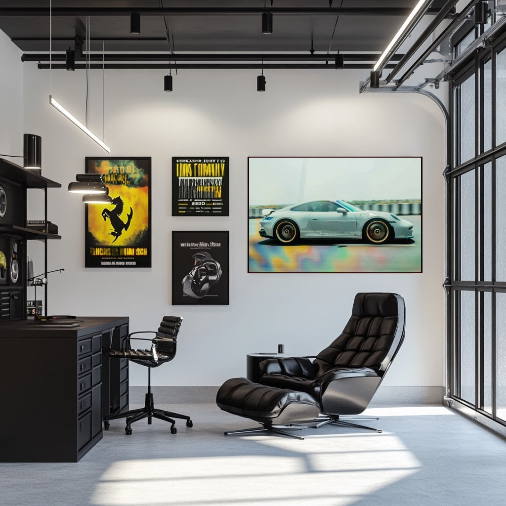 A stylish office featuring a Silver Porsche 911 in Motion wall art, modern furniture, and vibrant decor.