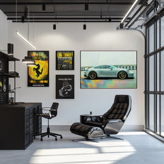 A stylish office featuring a Silver Porsche 911 in Motion wall art, modern furniture, and vibrant decor.
