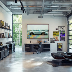 Stylish office featuring car wall art of a Silver Porsche 911 in Motion, enhancing the modern workspace aesthetic.