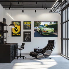 Classic Porsche 911 in Light Green displayed on a wall in a modern office, showcasing vintage car wall art.