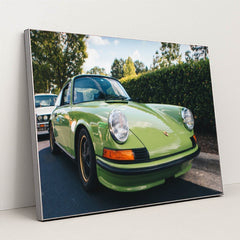 This photo shows a classic Porsche 911 in light green parked on a sunny street with trees in the background, in a silver frame.
