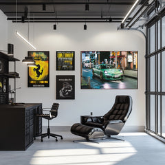 Porsche 911 Turbo S exploring Taipei's Streets displayed in a modern office with black furniture and wall art.
