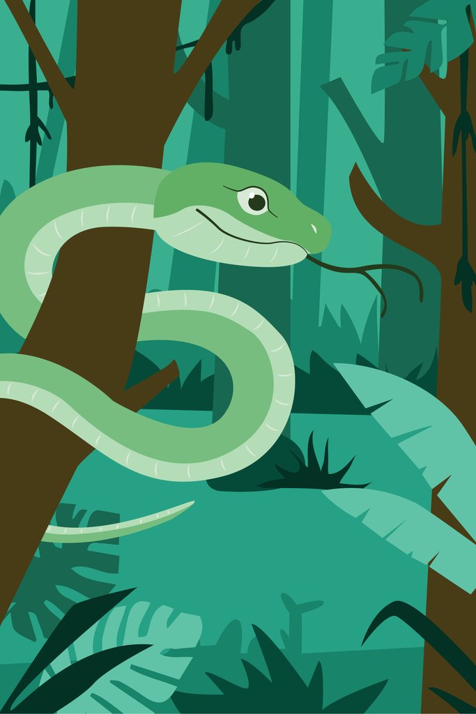 Andania Humaira - An illustration of a green snake in a forest