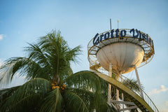 Kenneth Surillo - Water tower labeled 'Grotto Vista' beside lush palm tree, under a vibrant evening sky.