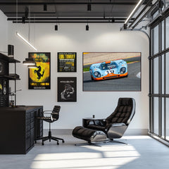 Interior with modern décor featuring car wall art of Porsche 917 in Gulf Racing Colors on display.