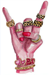 This artwork shows a hand with pink nails making a rock gesture, adorned with gold and animal print rings, and heart bracelets, unframed.