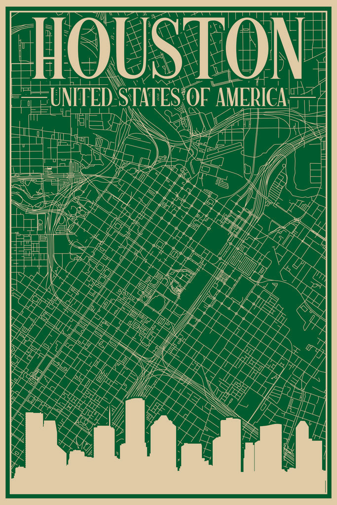 Stock Photos - Road network poster of the downtown HOUSTON, UNITED STATES OF AMERICA