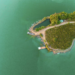 Duy Nguyen - Aerial shot of a small island with green vegetation surrounded by vibrant turquoise water, perfect for travel inspiration.