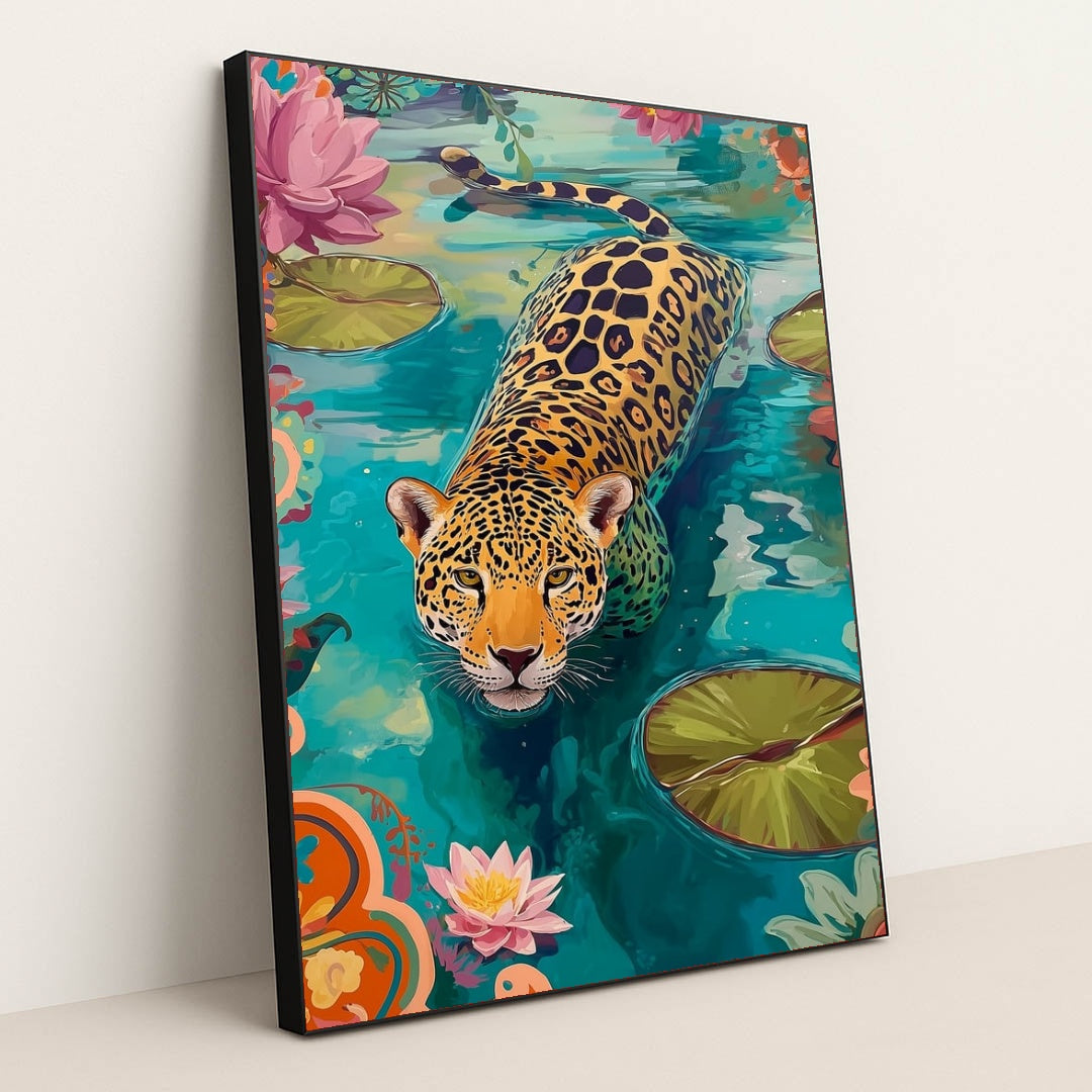 This artwork shows a colorful illustration of a jaguar swimming in a pond with water lilies and vibrant floral patterns, in a black frame.
