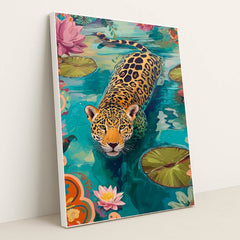 This artwork shows a colorful illustration of a jaguar swimming in a pond with water lilies and vibrant floral patterns, in a white frame.