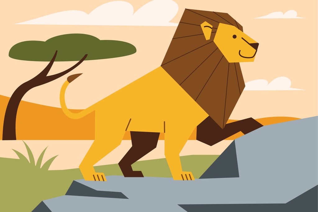 Andania Humaira - A cartoon of a lion walking across a field