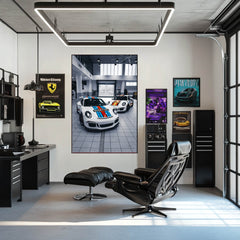 Duo Porsche 911 GT3 Icons in Martini Livery displayed in a modern workshop, featuring vibrant car wall art.