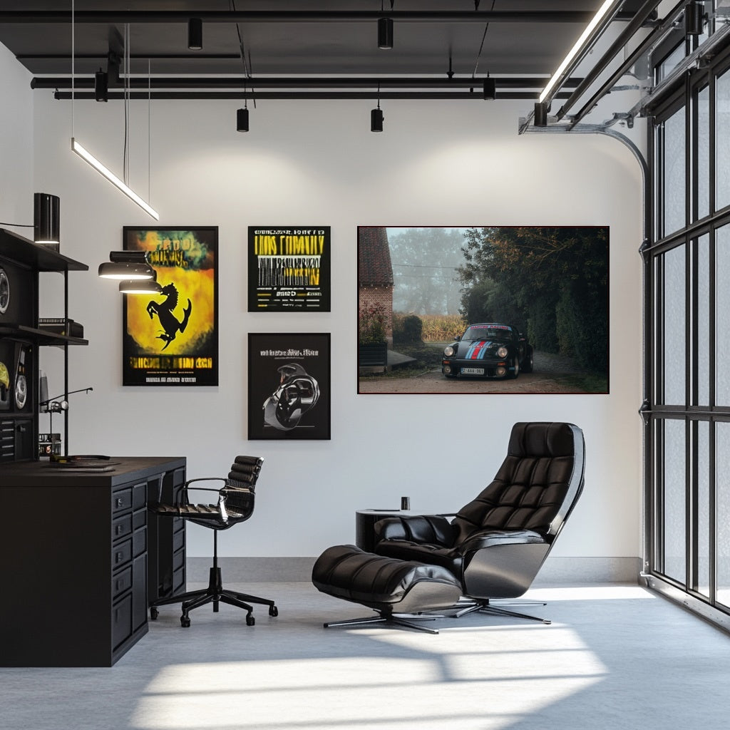 Stylish office with leather chair and wall art featuring Classic 911 in Martini Colors parked in a rural lane.
