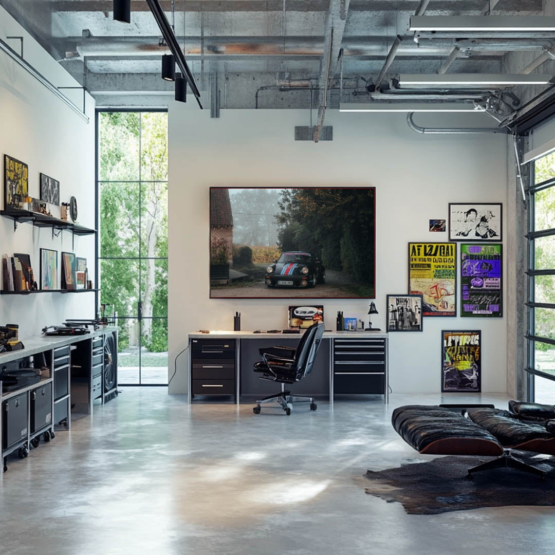 Classic 911 in Martini Colors wall art displayed in a modern office interior with sleek design and greenery outside.