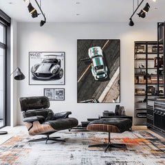 Porsche 911 in Tri-Tone Flair car wall art displayed in a modern living room with stylish furniture.