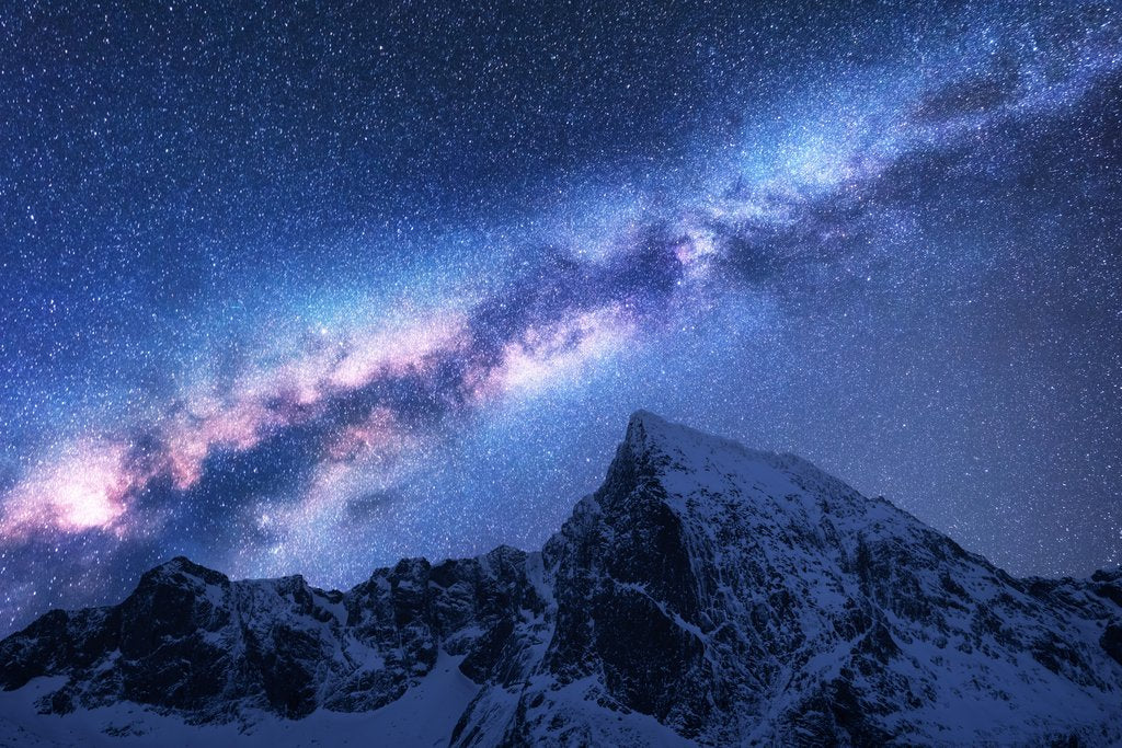 Stock Photos - Milky Way above snowy mountains. Space. Fantastic view with snow covered rocks and starry sky at night in Nepal. Mountain ridge and sky with stars in Himalayas. Landscape with bright milky way. Galaxy No. 2