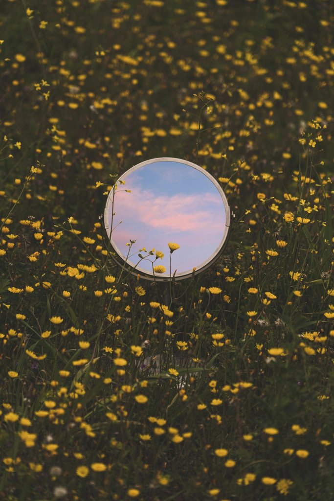 NIKOLAOS CHALKIDIS - A round mirror reflects the colorful sunset amidst a meadow of blooming wildflowers in Athens.
