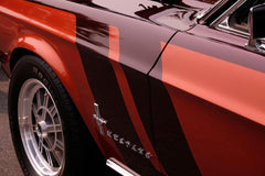 This artwork features a close-up of a classic red Ford Mustang with black and red racing stripes.