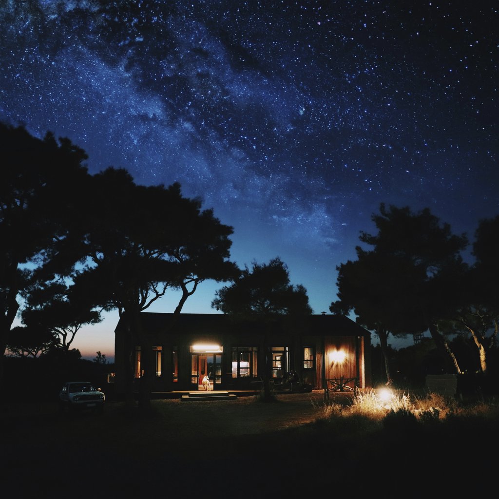 Barf - Silhouette of a house under a stunning starry sky in Bozcaada, Turkey.