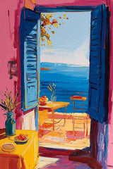 This artwork shows an impressionist-style open blue window with a seaside view, vibrant flowers, and a cozy patio scene, unframed.