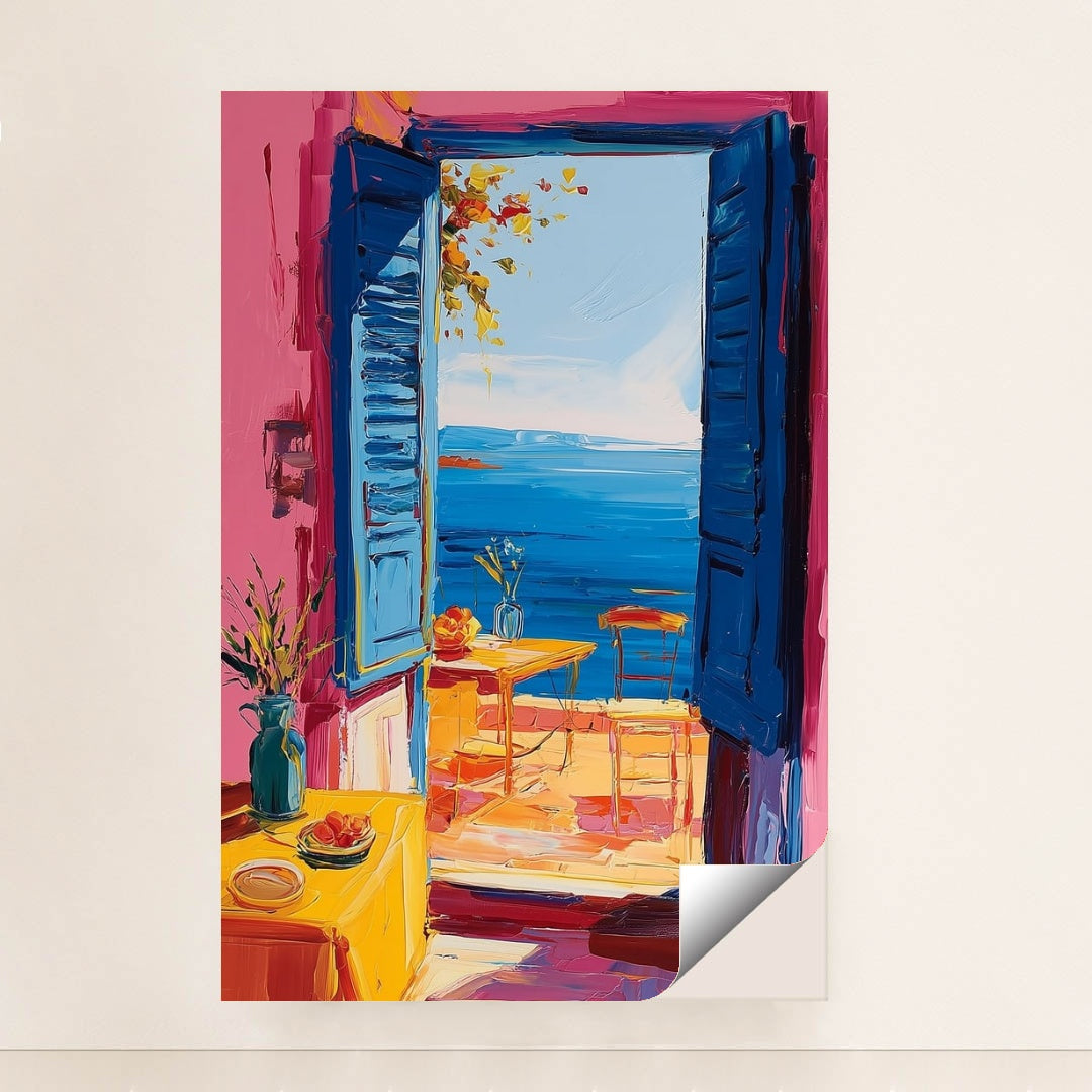 This artwork shows an impressionist-style open blue window with a seaside view, vibrant flowers, and a cozy patio scene, minimalist unframed style.