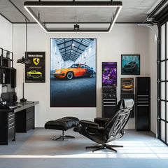 Classic Porsche 911 with Sunset Fade wall art displayed in a sleek modern office environment.