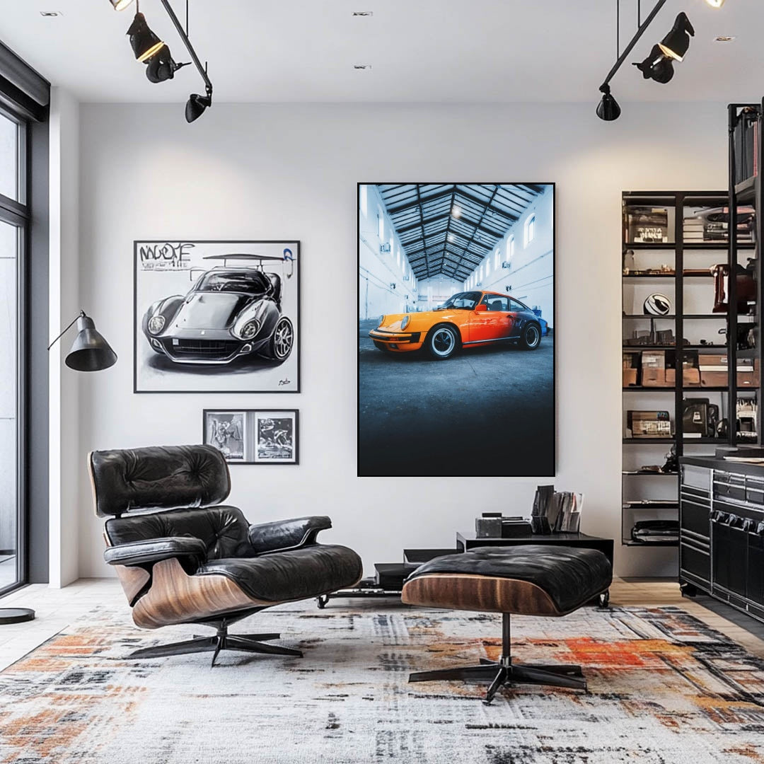 Classic Porsche 911 with Sunset Fade artwork displayed in a stylish modern living room.