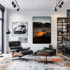 Black Porsche Coupe on Excavated Terrain displayed as car wall art in a modern living room setting.
